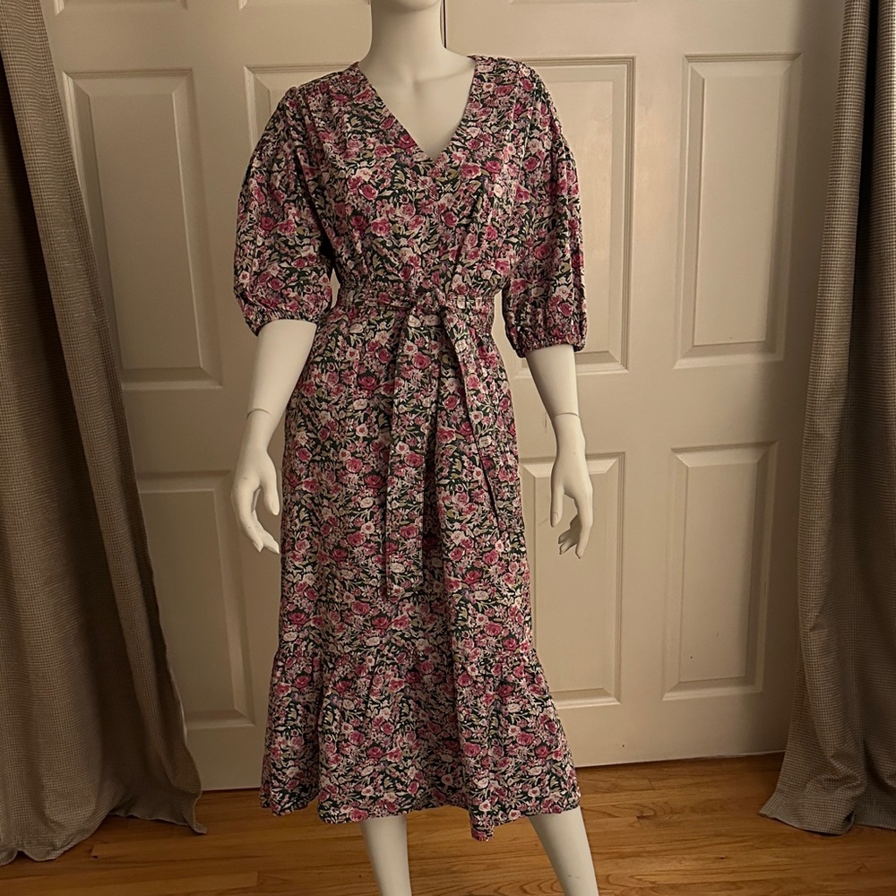 Mango Floral V-Neck Puff Sleeve Dress
